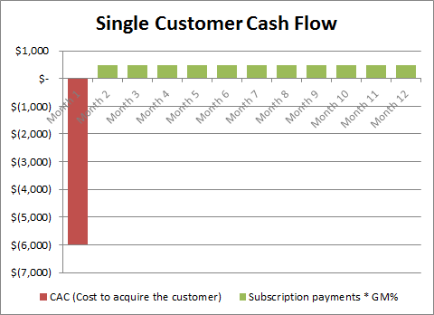 SaaS single-customer monthly P&L showing cash flow trough