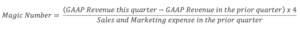 Magic Number = (GAAP Revenue change × 4) / prior quarter S&M expense