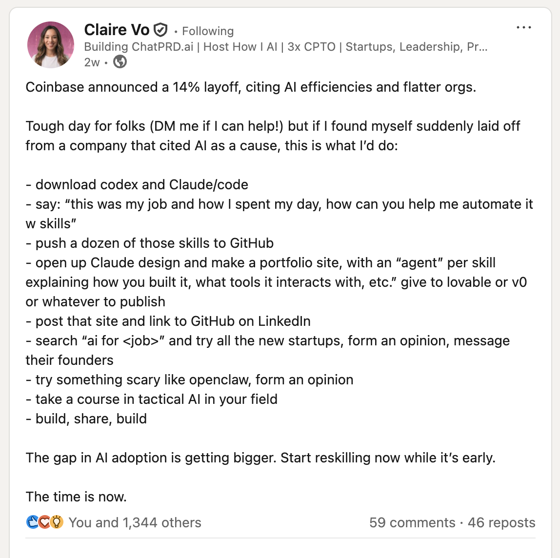 Claire Vo's LinkedIn post screenshot